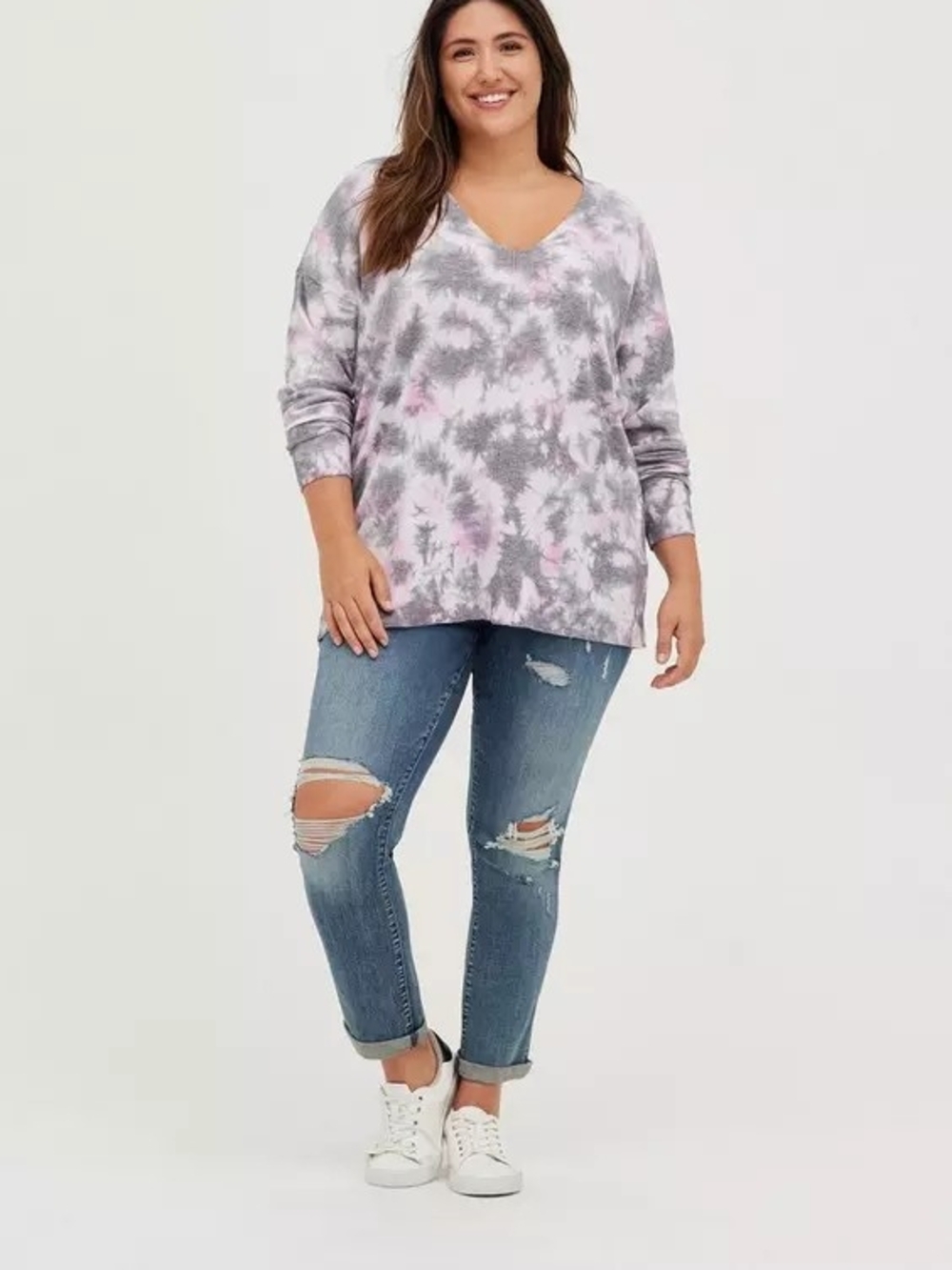 torrid Gray and Pink Tie-Dye V-Neck Sweater - Picture 8 of 8